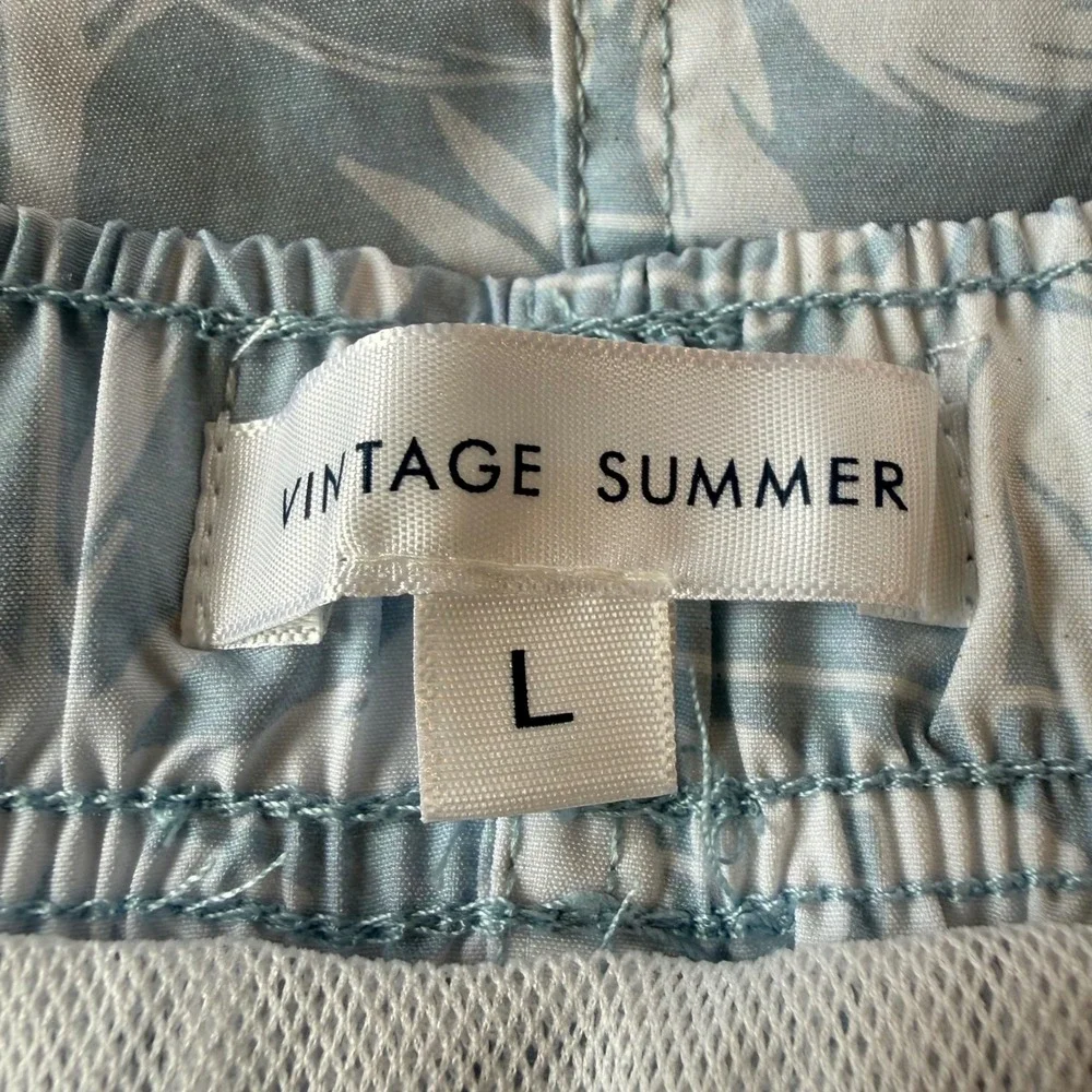 Vintage‎ Summer Mens Tropical Palm Print Swim Trunks Blue White Volley Shorts L